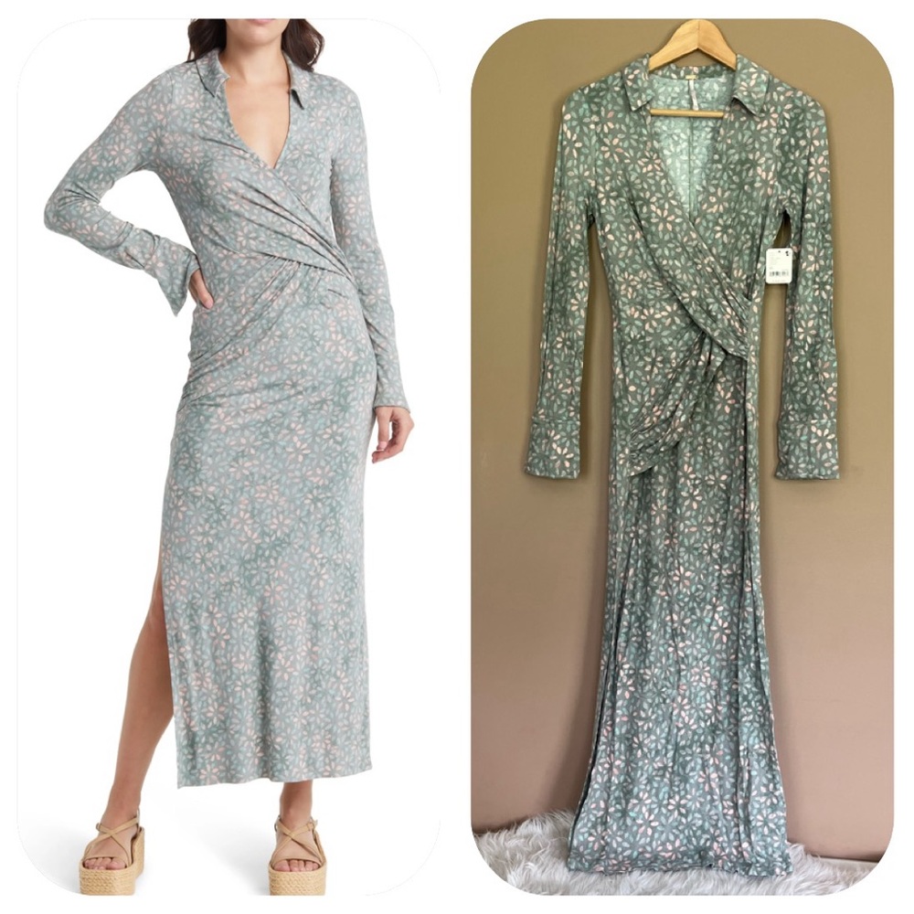 {Free People} Shayla Floral Long Sleeve Faux Wrap Midi Dress in Mint Combo - XS